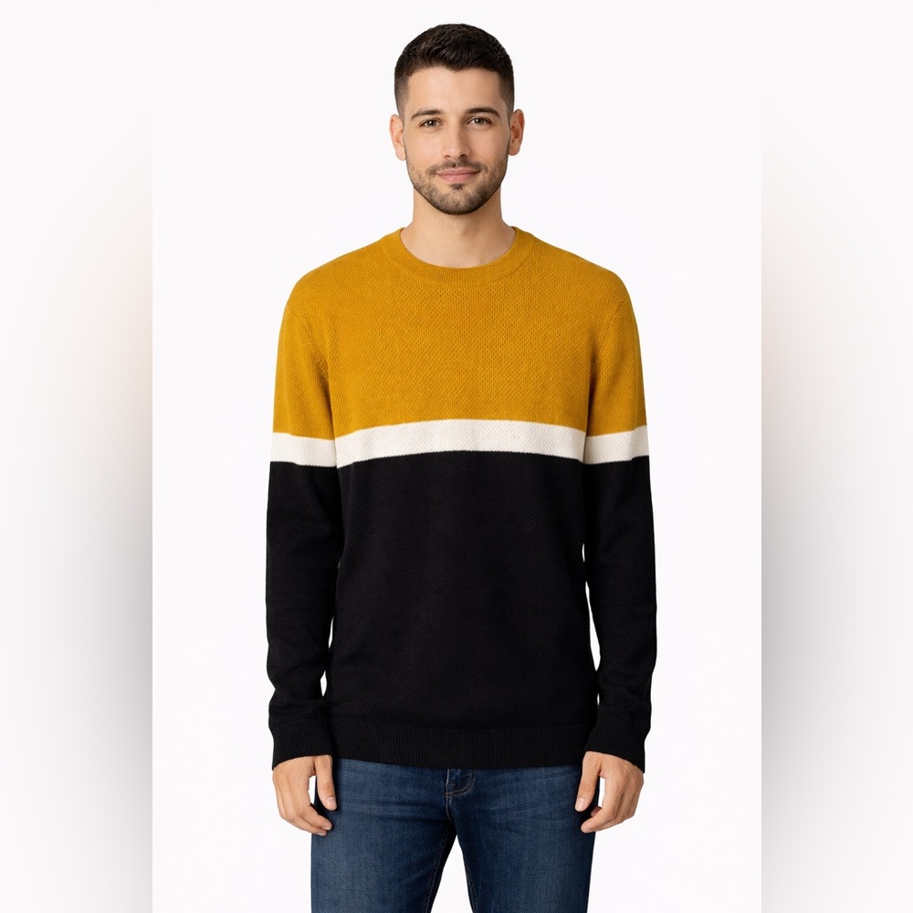 Magaschoni Men's Colorblock Crewneck Sweater Mustard Black‎ Cotton Blend SMALL